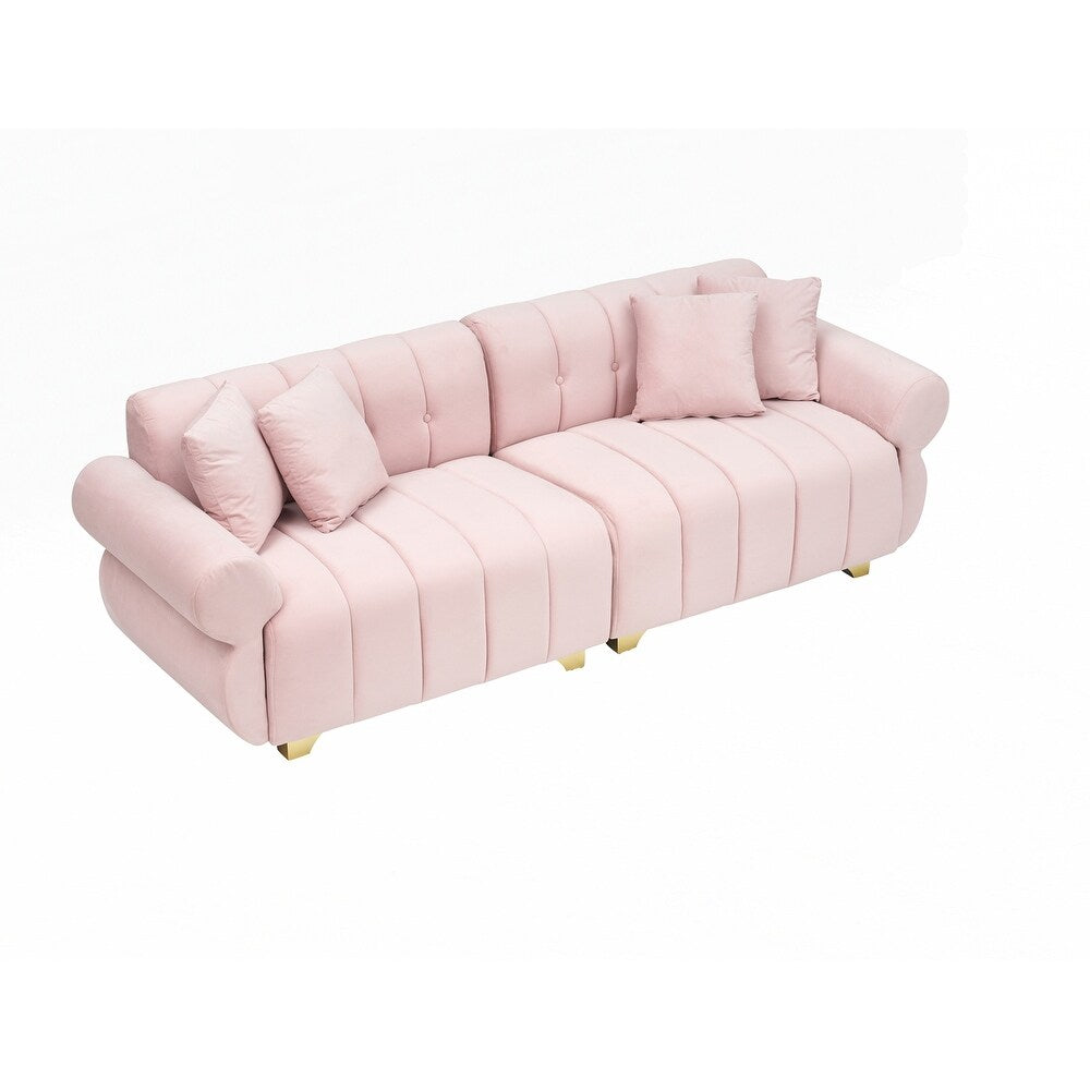 spring-wrapped Sofa cushions with stylish metal feet and 4 throw pillows