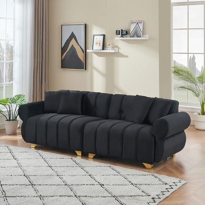 spring-wrapped Sofa cushions with stylish metal feet and 4 throw pillows