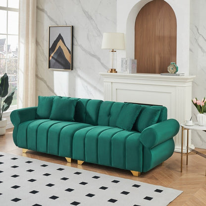 spring-wrapped Sofa cushions with stylish metal feet and 4 throw pillows