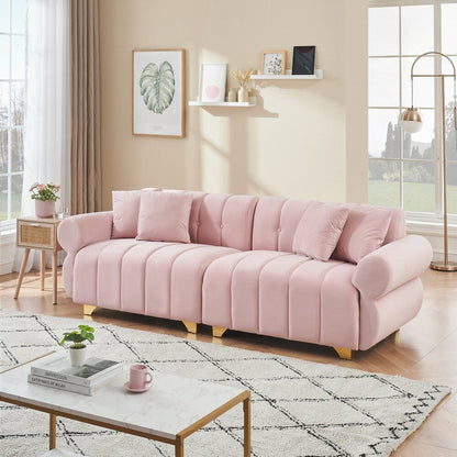 spring-wrapped Sofa cushions with stylish metal feet and 4 throw pillows