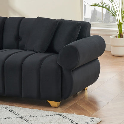 spring-wrapped Sofa cushions with stylish metal feet and 4 throw pillows