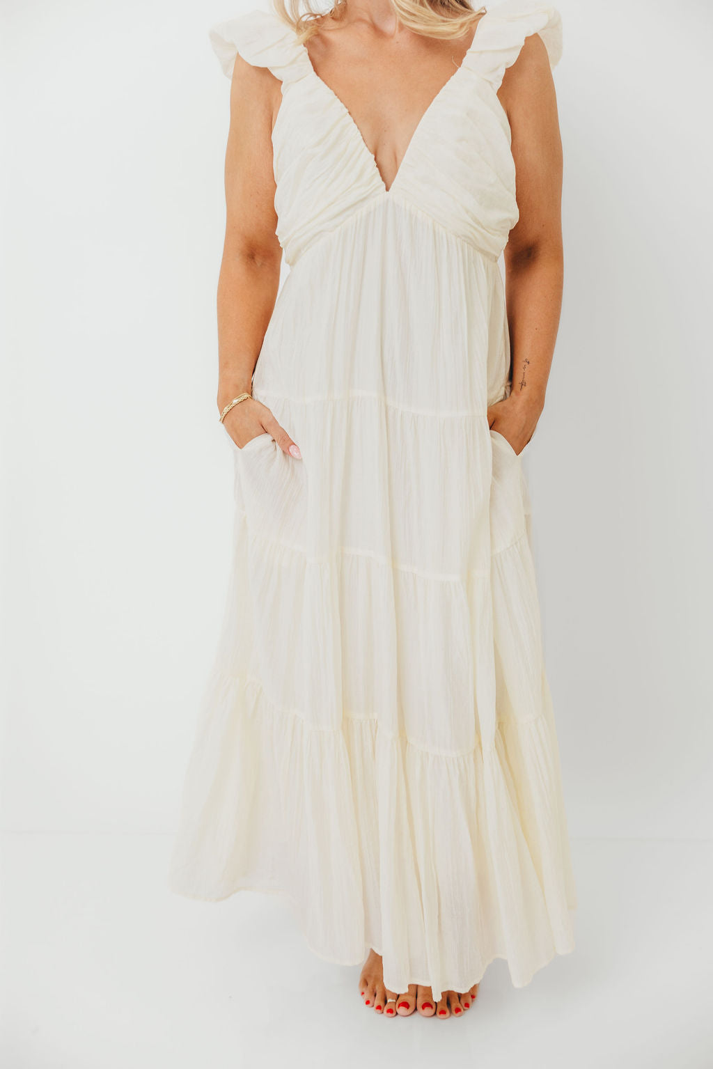Katy Pleated Bodice Maxi Dress in Cream - Bump Friendly - Restocking End of Sept