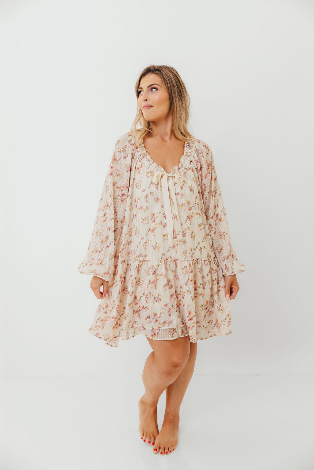 Maui Soft Petals Flare Mini Dress in Cream Multi