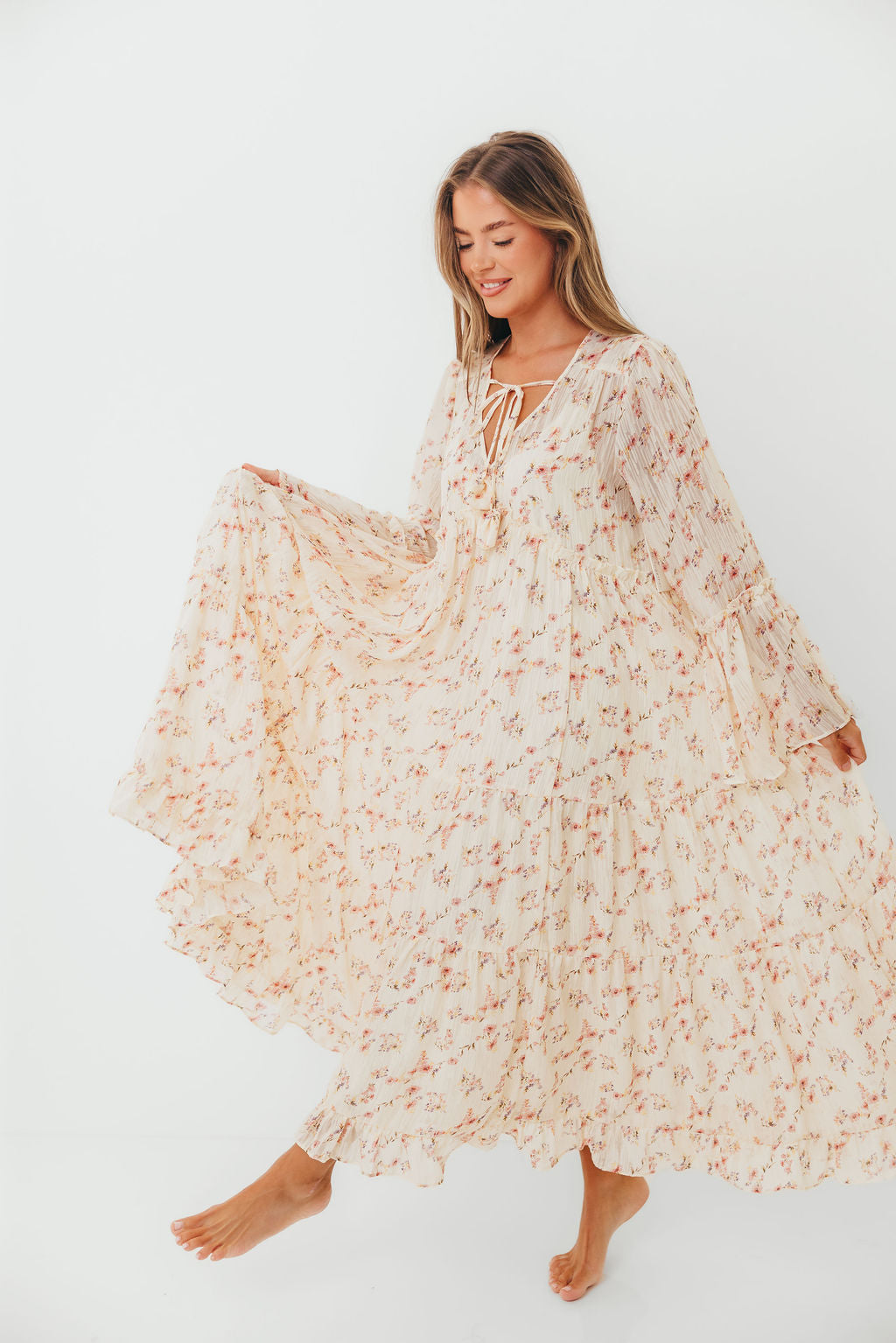 Lisa Woven Floral V-Neck Maxi Dress with Detachable Liner in Cream Multi - Bump Friendly