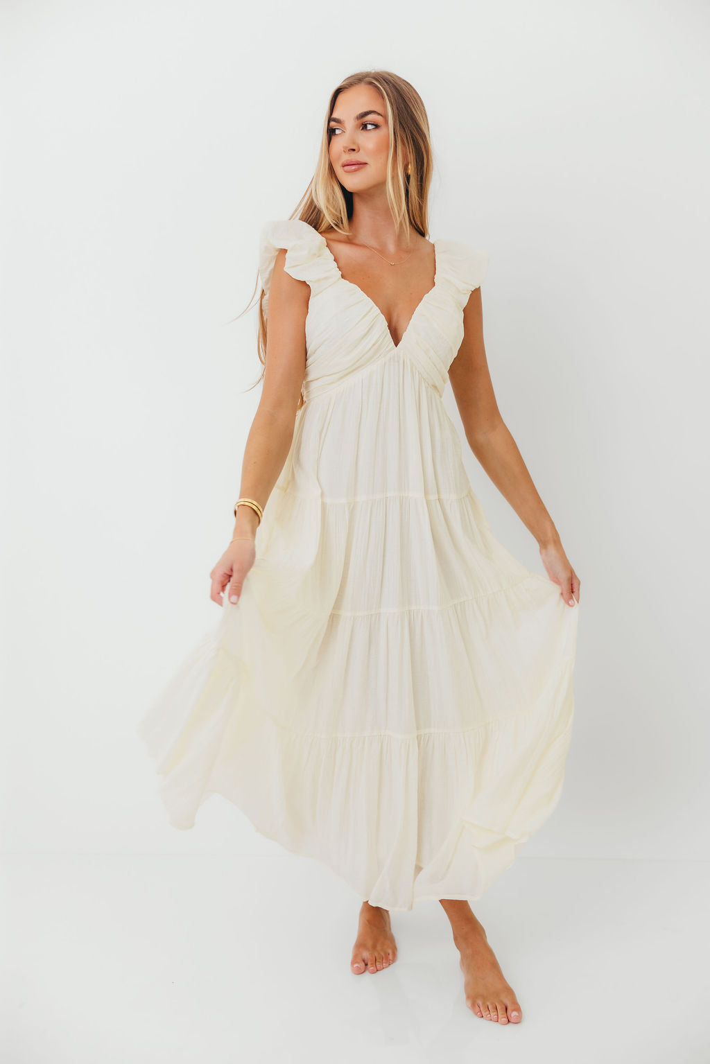 Katy Pleated Bodice Maxi Dress in Cream - Bump Friendly - Restocking End of Sept