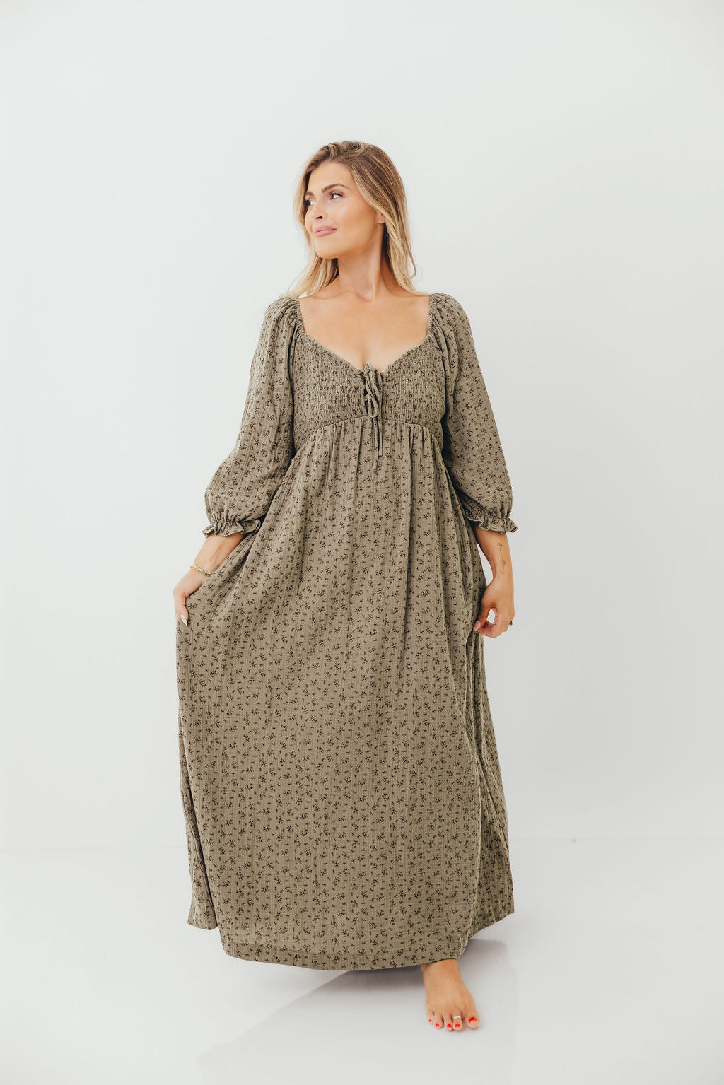 Cecilia 100% Cotton Smocked Maxi Dress in Olive Foliage - Bump Friendly *9/26 PRE-ORDER*