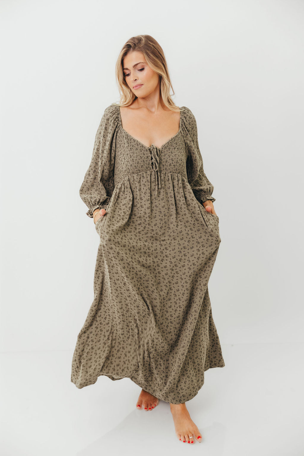 Cecilia 100% Cotton Smocked Maxi Dress in Olive Foliage - Bump Friendly *9/26 PRE-ORDER*