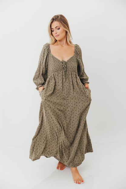 Cecilia 100% Cotton Smocked Maxi Dress in Olive Foliage - Bump Friendly *9/26 PRE-ORDER*