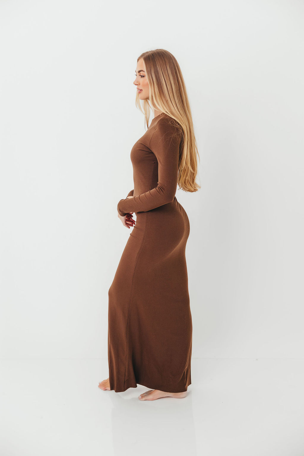 Cru Tiny Ribbed Maxi Dress in Chocolate Brown - Bump Friendly