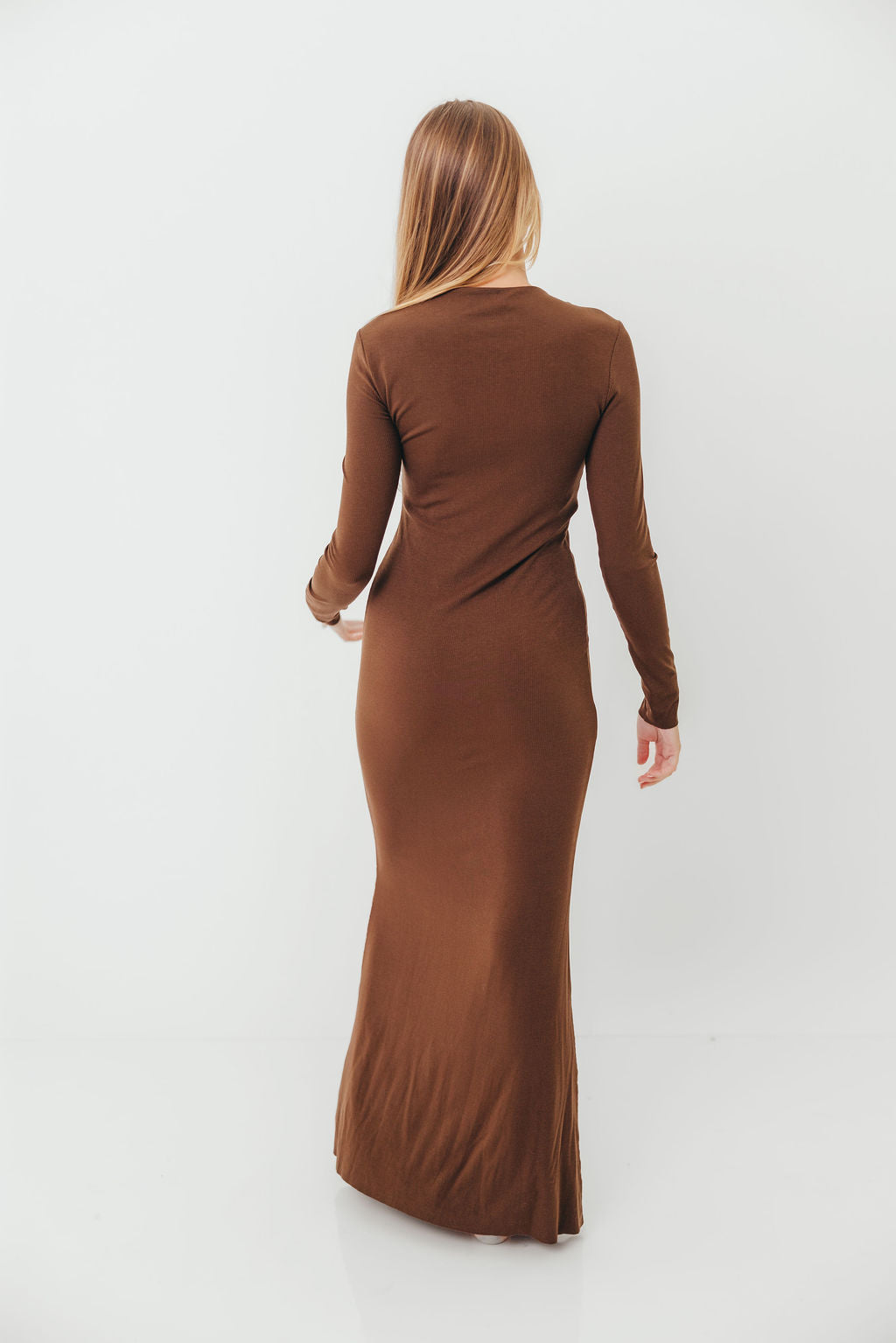 Cru Tiny Ribbed Maxi Dress in Chocolate Brown - Bump Friendly