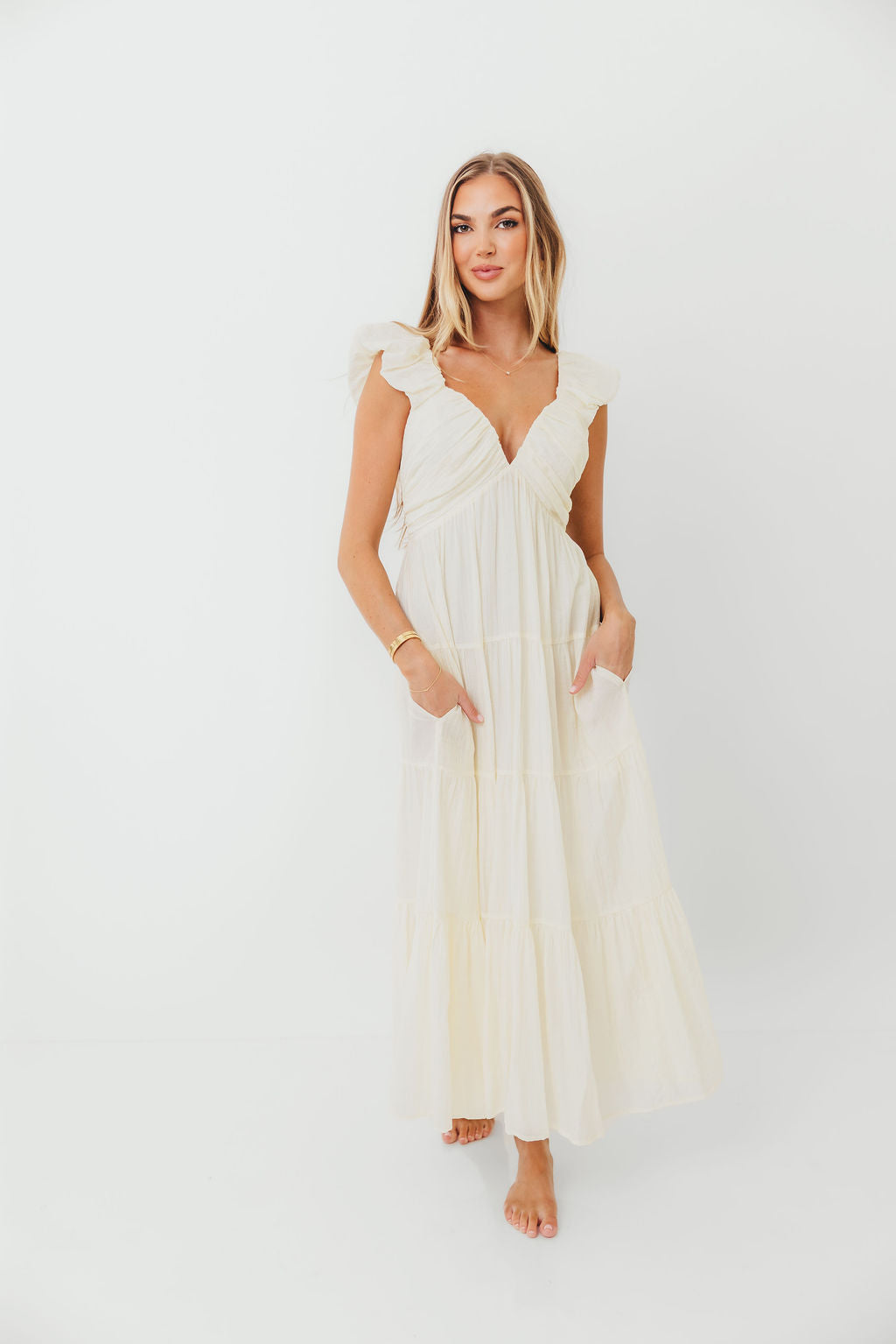 Katy Pleated Bodice Maxi Dress in Cream - Bump Friendly - Restocking End of Sept