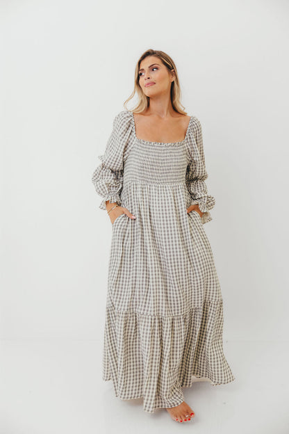 Emerson 100% Cotton Smocked Maxi Dress with Long Sleeves in Gray Sky - Bump Friendly - Restocking in Nov