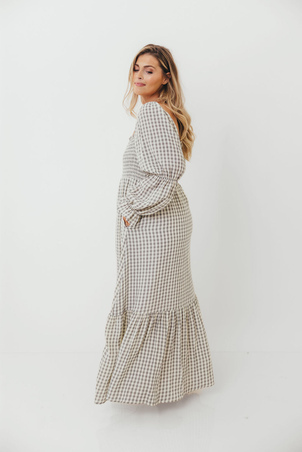 Emerson 100% Cotton Smocked Maxi Dress with Long Sleeves in Gray Sky - Bump Friendly - Restocking in Nov