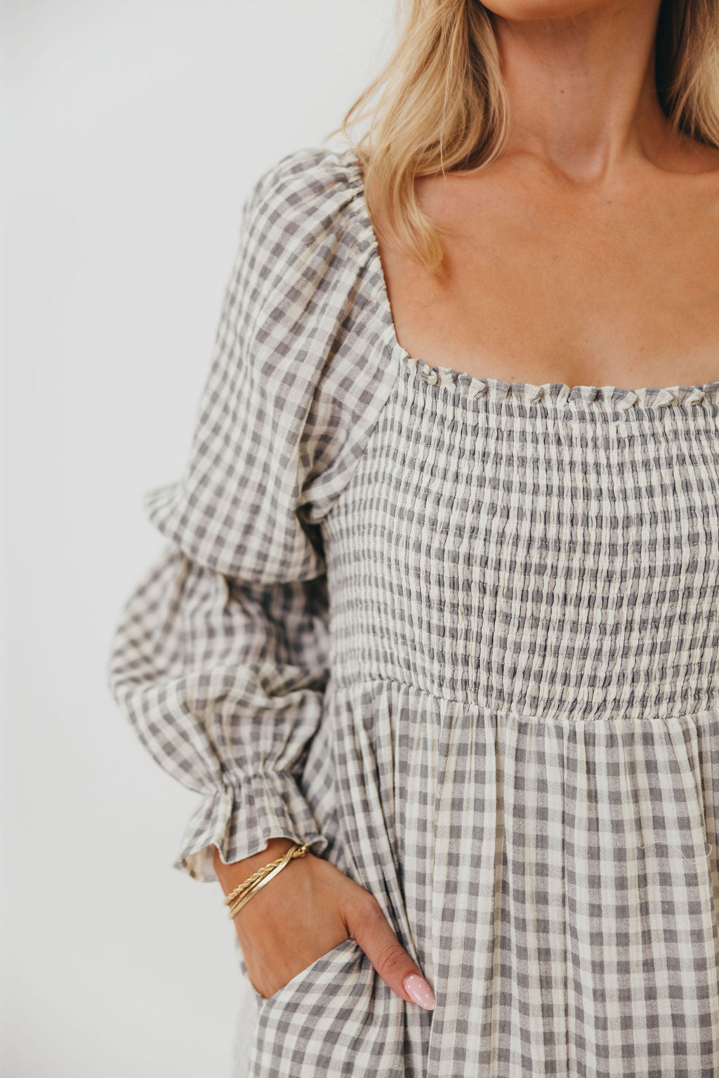 Emerson 100% Cotton Smocked Maxi Dress with Long Sleeves in Gray Sky - Bump Friendly - Restocking in Nov