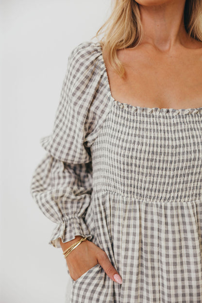 Emerson 100% Cotton Smocked Maxi Dress with Long Sleeves in Gray Sky - Bump Friendly - Restocking in Nov