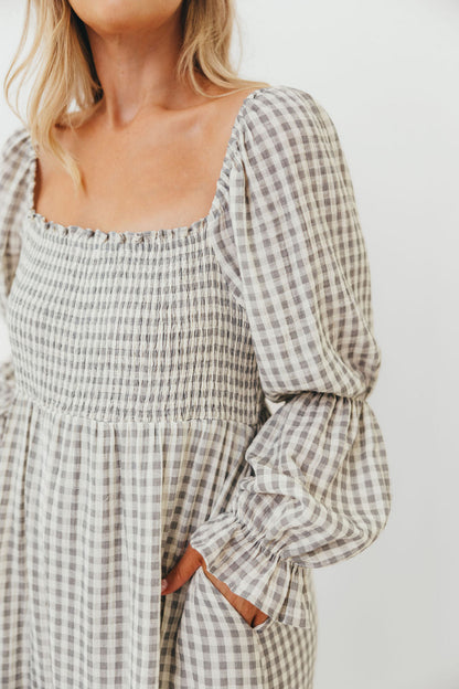 Emerson 100% Cotton Smocked Maxi Dress with Long Sleeves in Gray Sky - Bump Friendly - Restocking in Nov