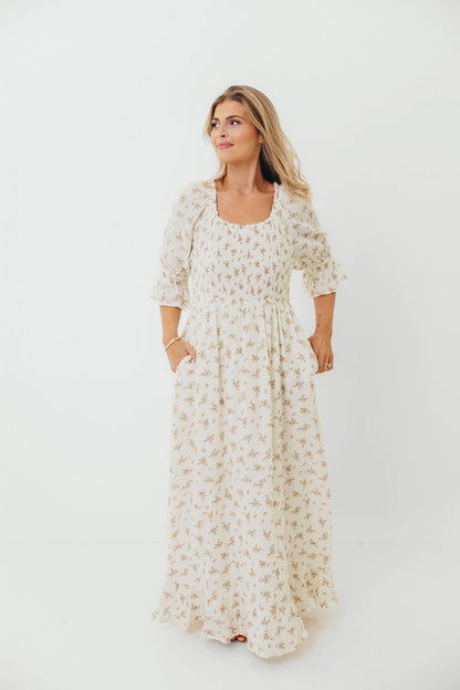 Sienna 100% Cotton Puff Sleeve Maxi Dress in Cream - Bump Friendly