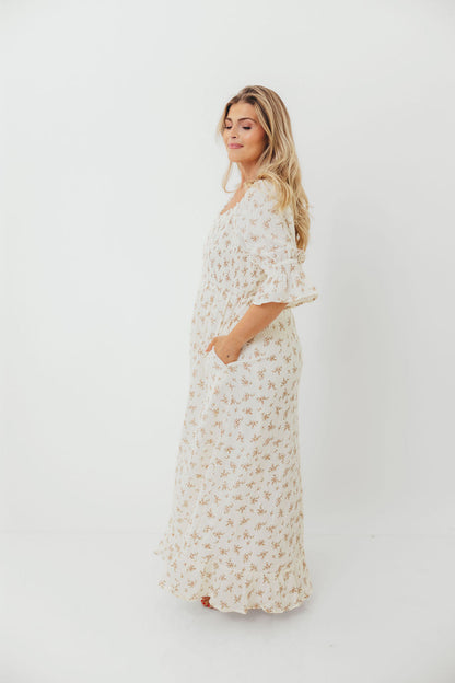Sienna 100% Cotton Puff Sleeve Maxi Dress in Cream - Bump Friendly