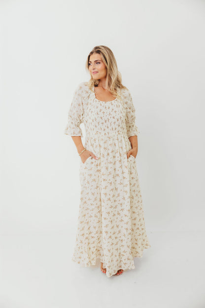 Sienna 100% Cotton Puff Sleeve Maxi Dress in Cream - Bump Friendly