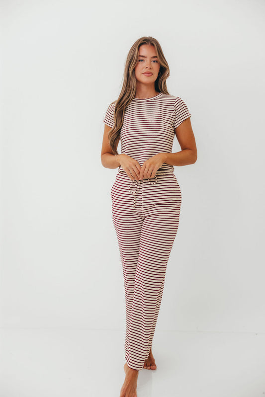 Find Your Soft Striped Flare Top and Pants Set in Cream Burgundy