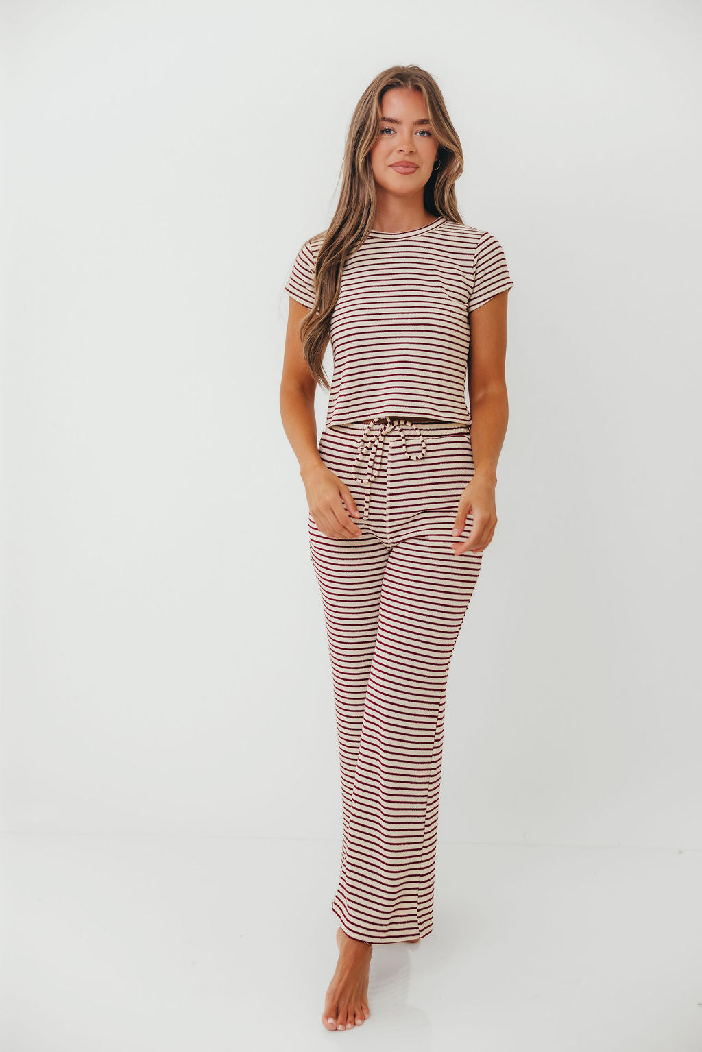 Find Your Soft Striped Flare Top and Pants Set in Cream Burgundy