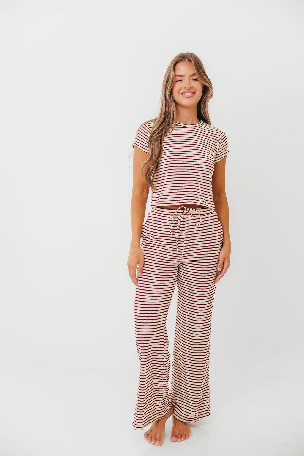Find Your Soft Striped Flare Top and Pants Set in Cream Burgundy