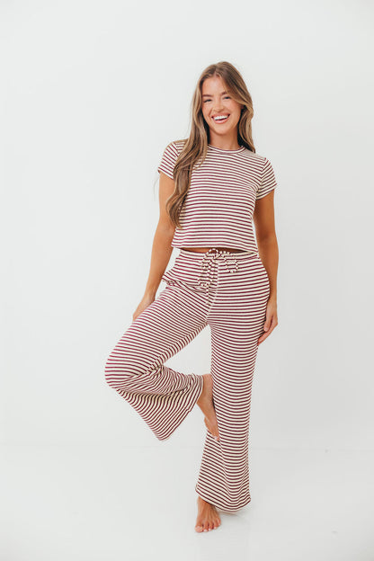 Find Your Soft Striped Flare Top and Pants Set in Cream Burgundy