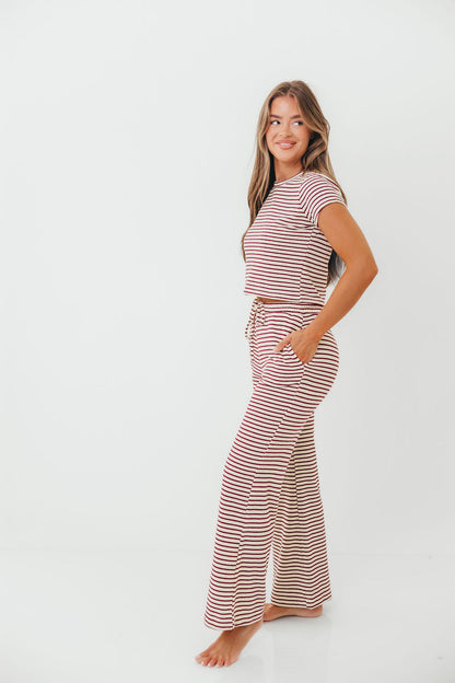 Find Your Soft Striped Flare Top and Pants Set in Cream Burgundy