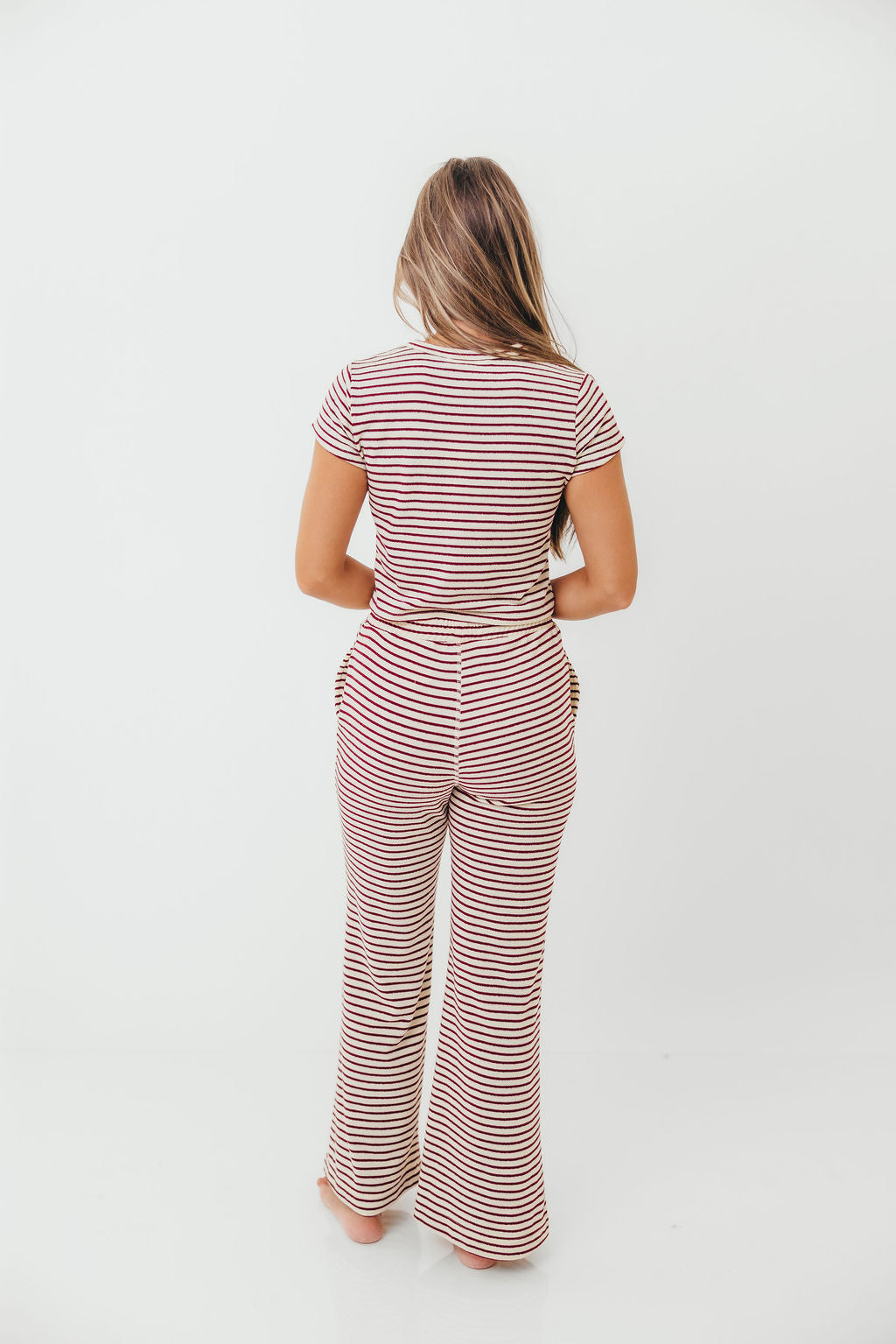Find Your Soft Striped Flare Top and Pants Set in Cream Burgundy