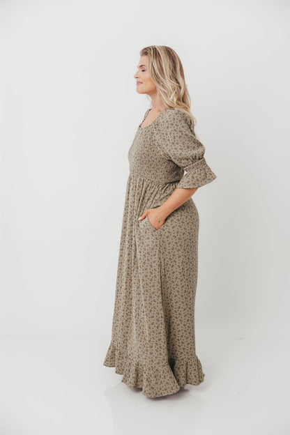 Sienna 100% Cotton Puff Sleeve Maxi Dress in Olive Foliage - Bump Friendly *9/26 PRE-ORDER*