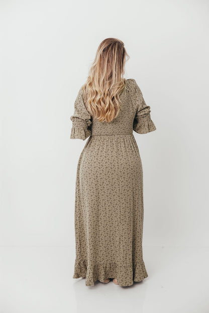 Sienna 100% Cotton Puff Sleeve Maxi Dress in Olive Foliage - Bump Friendly *9/26 PRE-ORDER*