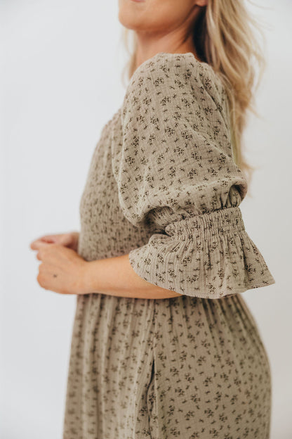 Sienna 100% Cotton Puff Sleeve Maxi Dress in Olive Foliage - Bump Friendly *9/26 PRE-ORDER*