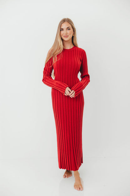 Colette Luxe Premium Long Sleeved Ribbed Knit Maxi Dress in Muted Red - Bump Friendly