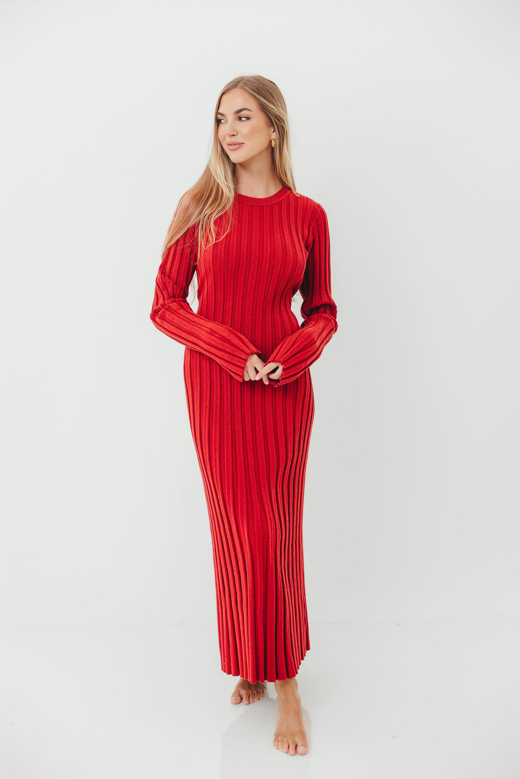 Colette Luxe Premium Long Sleeved Ribbed Knit Maxi Dress in Muted Red - Bump Friendly