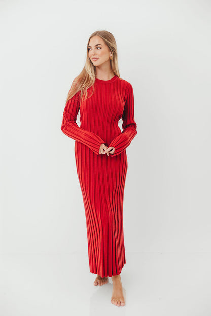 Colette Luxe Premium Long Sleeved Ribbed Knit Maxi Dress in Muted Red - Bump Friendly