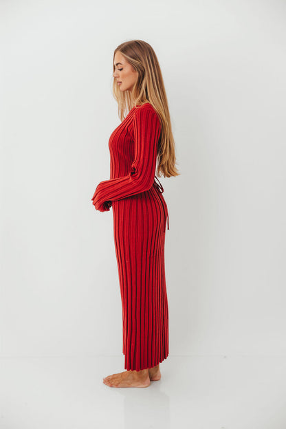 Colette Luxe Premium Long Sleeved Ribbed Knit Maxi Dress in Muted Red - Bump Friendly