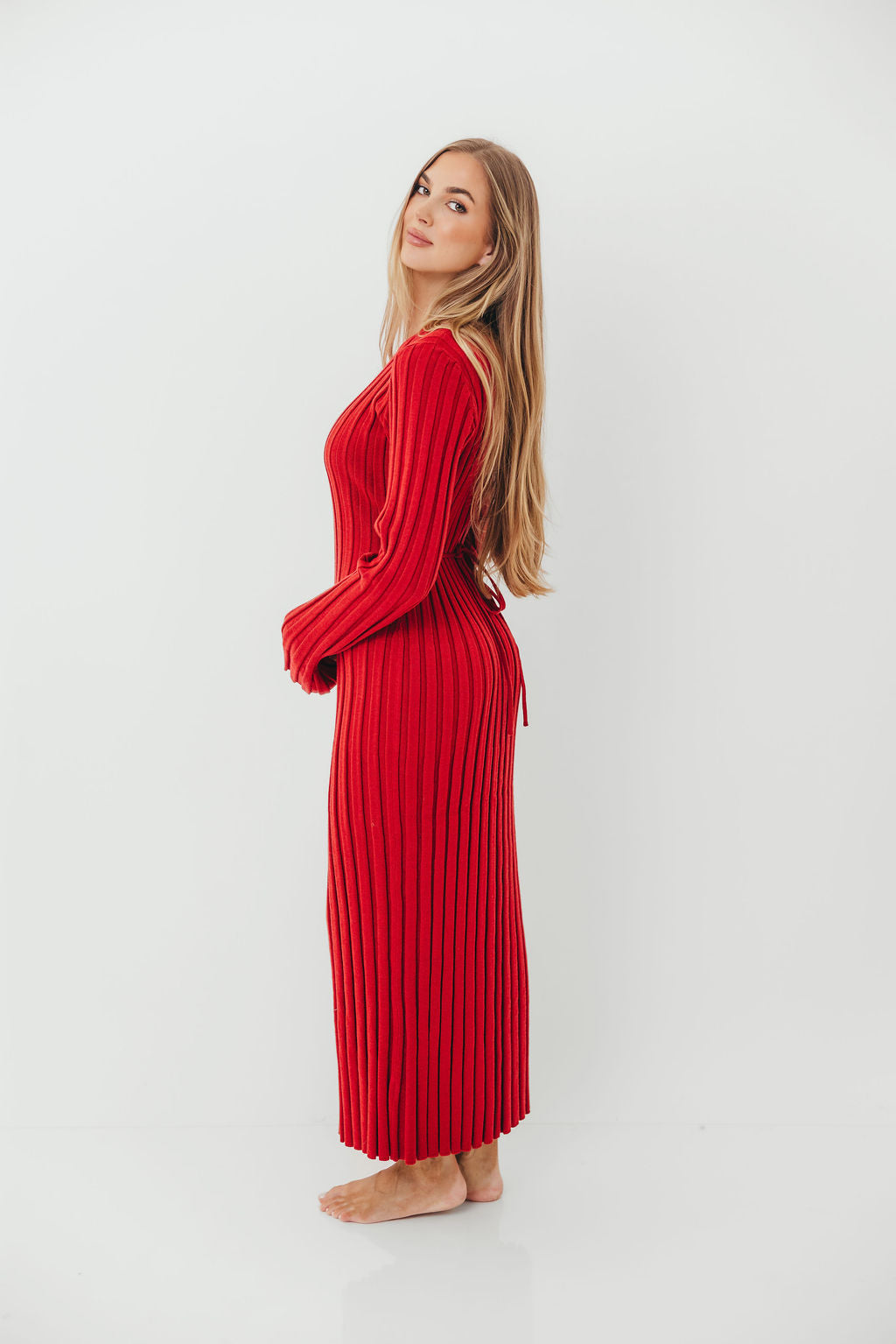 Colette Luxe Premium Long Sleeved Ribbed Knit Maxi Dress in Muted Red - Bump Friendly