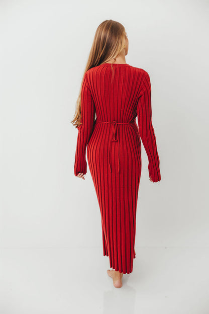 Colette Luxe Premium Long Sleeved Ribbed Knit Maxi Dress in Muted Red - Bump Friendly
