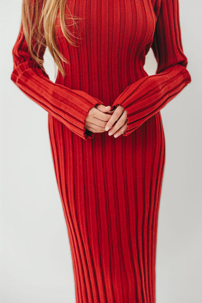 Colette Luxe Premium Long Sleeved Ribbed Knit Maxi Dress in Muted Red - Bump Friendly