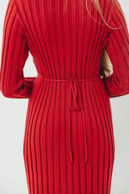 Colette Luxe Premium Long Sleeved Ribbed Knit Maxi Dress in Muted Red - Bump Friendly