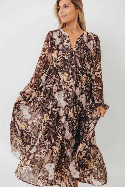 Eve Floral Print Button Front Duster Maxi With Detachable Slip in Brown Multi - Bump Friendly