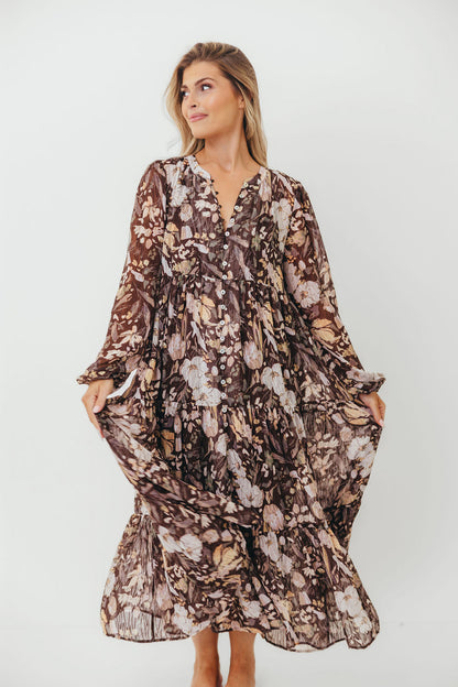 Eve Floral Print Button Front Duster Maxi With Detachable Slip in Brown Multi - Bump Friendly