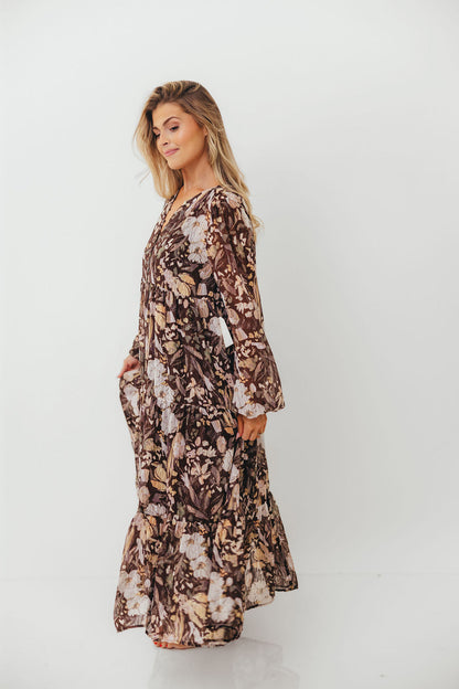 Eve Floral Print Button Front Duster Maxi With Detachable Slip in Brown Multi - Bump Friendly