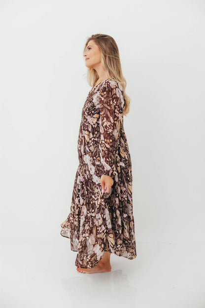 Eve Floral Print Button Front Duster Maxi With Detachable Slip in Brown Multi - Bump Friendly