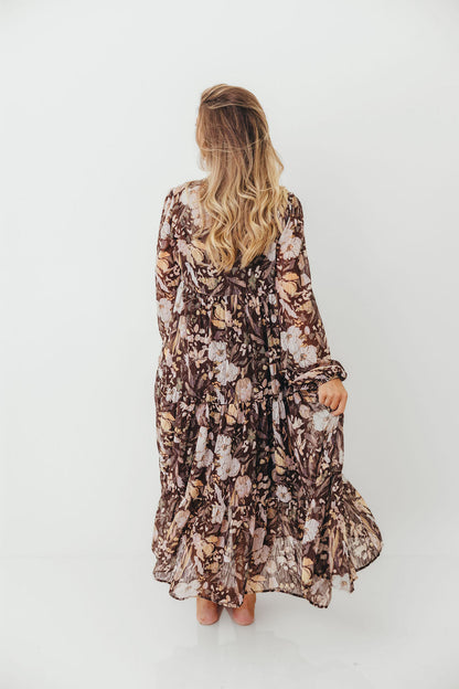 Eve Floral Print Button Front Duster Maxi With Detachable Slip in Brown Multi - Bump Friendly