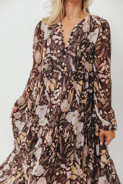 Eve Floral Print Button Front Duster Maxi With Detachable Slip in Brown Multi - Bump Friendly