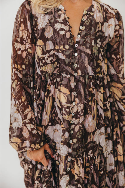 Eve Floral Print Button Front Duster Maxi With Detachable Slip in Brown Multi - Bump Friendly