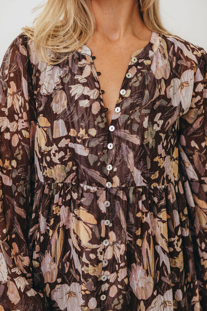 Eve Floral Print Button Front Duster Maxi With Detachable Slip in Brown Multi - Bump Friendly