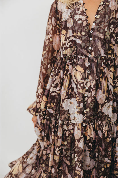 Eve Floral Print Button Front Duster Maxi With Detachable Slip in Brown Multi - Bump Friendly