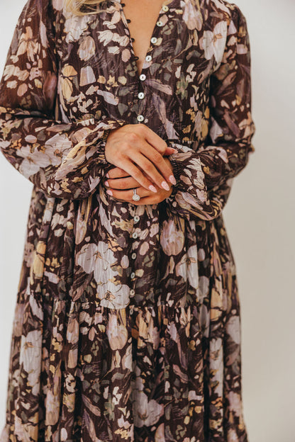 Eve Floral Print Button Front Duster Maxi With Detachable Slip in Brown Multi - Bump Friendly